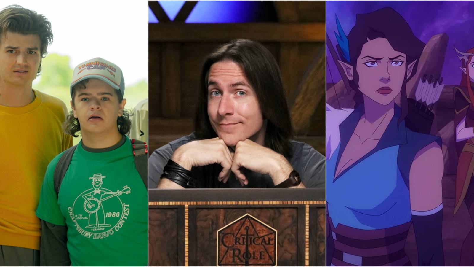 Dustin and Steve from Stranger things beside Matt Mercer and Vex and Keyleth from The Legend of Vox Machina