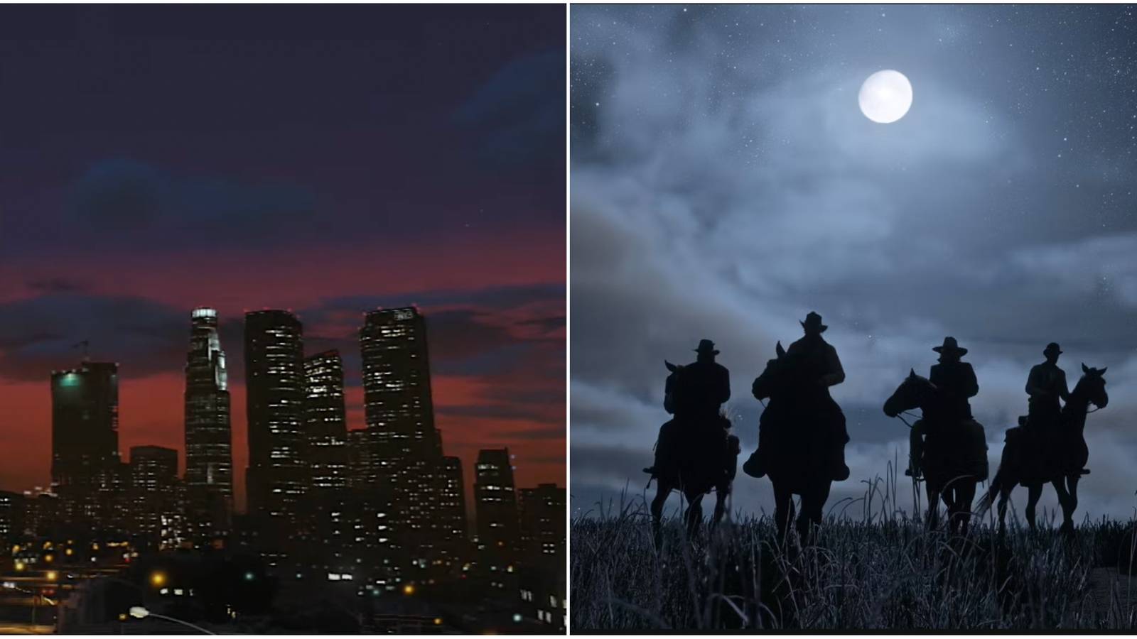 Los Santos at dusk next to RDR2 at night