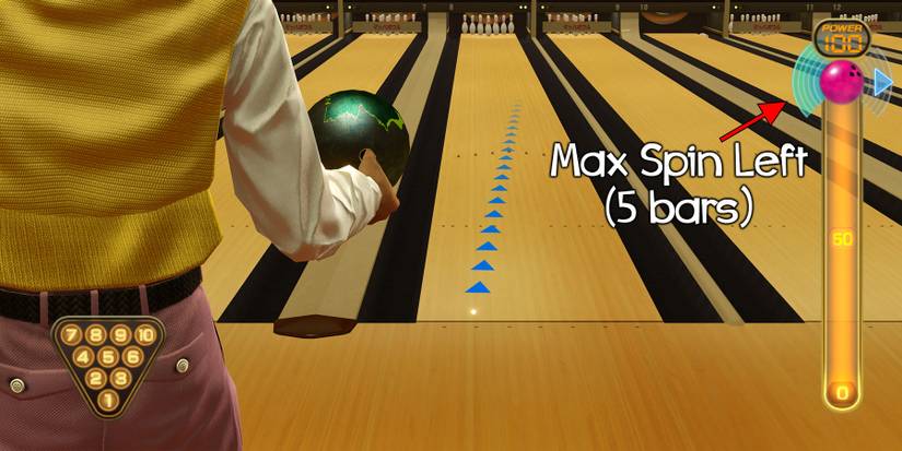 Kiryu adjusts the spin of the ball while bowling in Yakuza 0