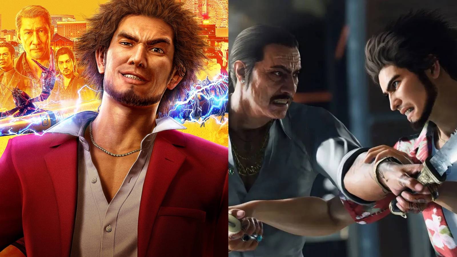 Split image showing Kasuga Ichiban from Like a Dragon.