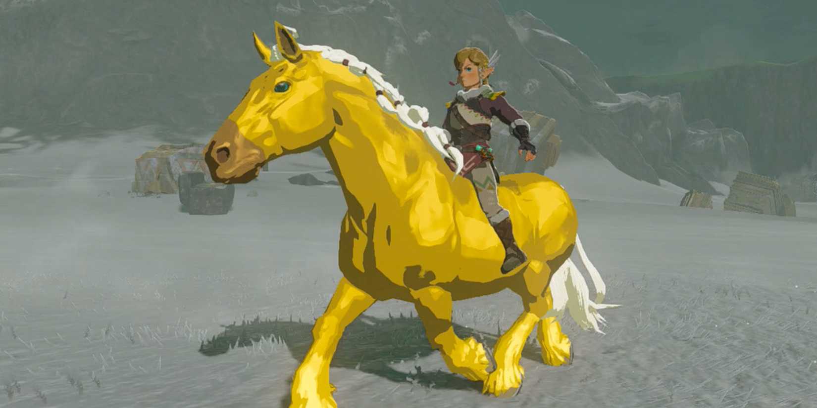 Link riding Zelda's golden horse in The Legend of Zelda Tears of The Kingdom