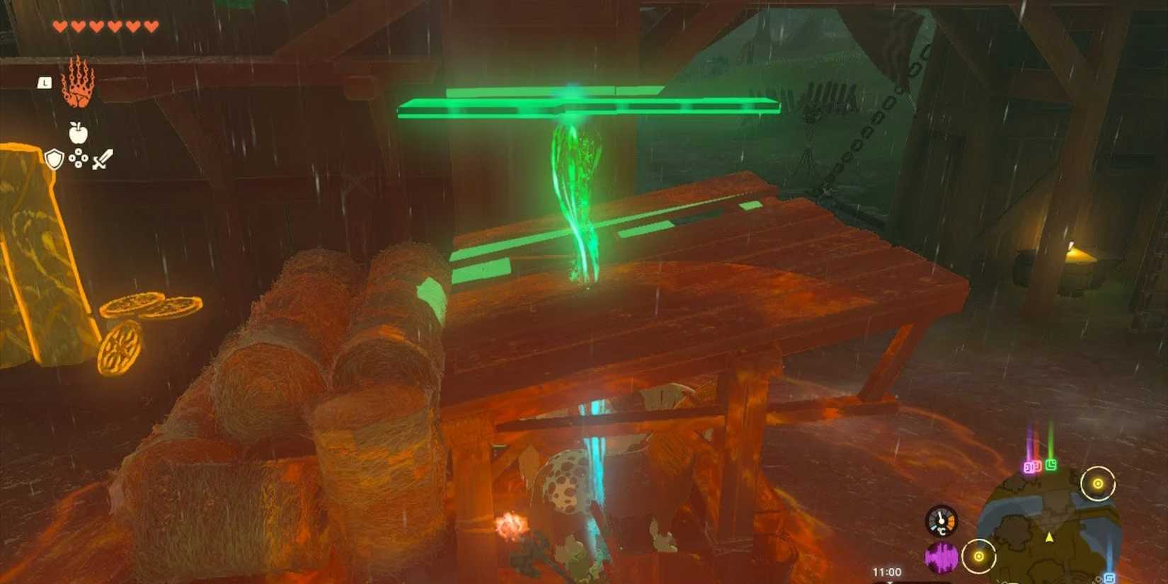 Link using Ultrahand to fix the Lookout Landing stable in The Legend of Zelda Tears of the kingdom