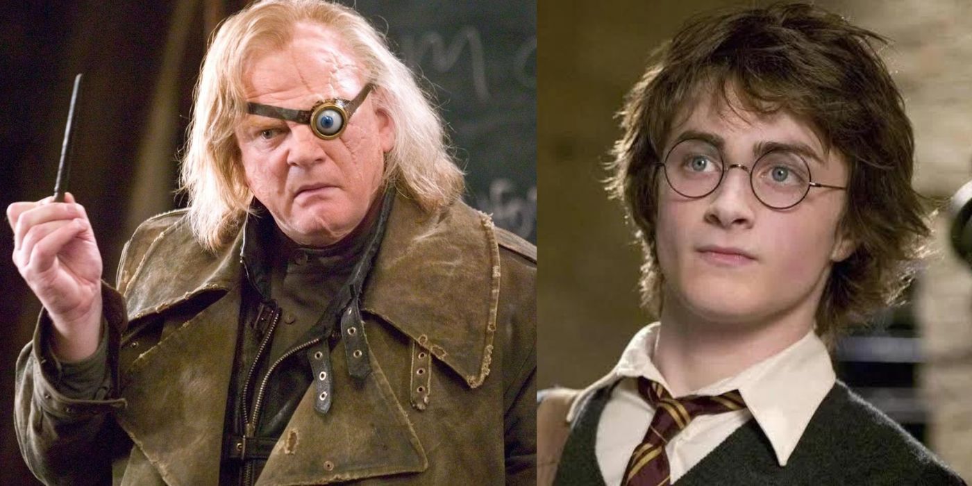 Mad-Eye Moody holding a wand on the left and Harry Potter on the right