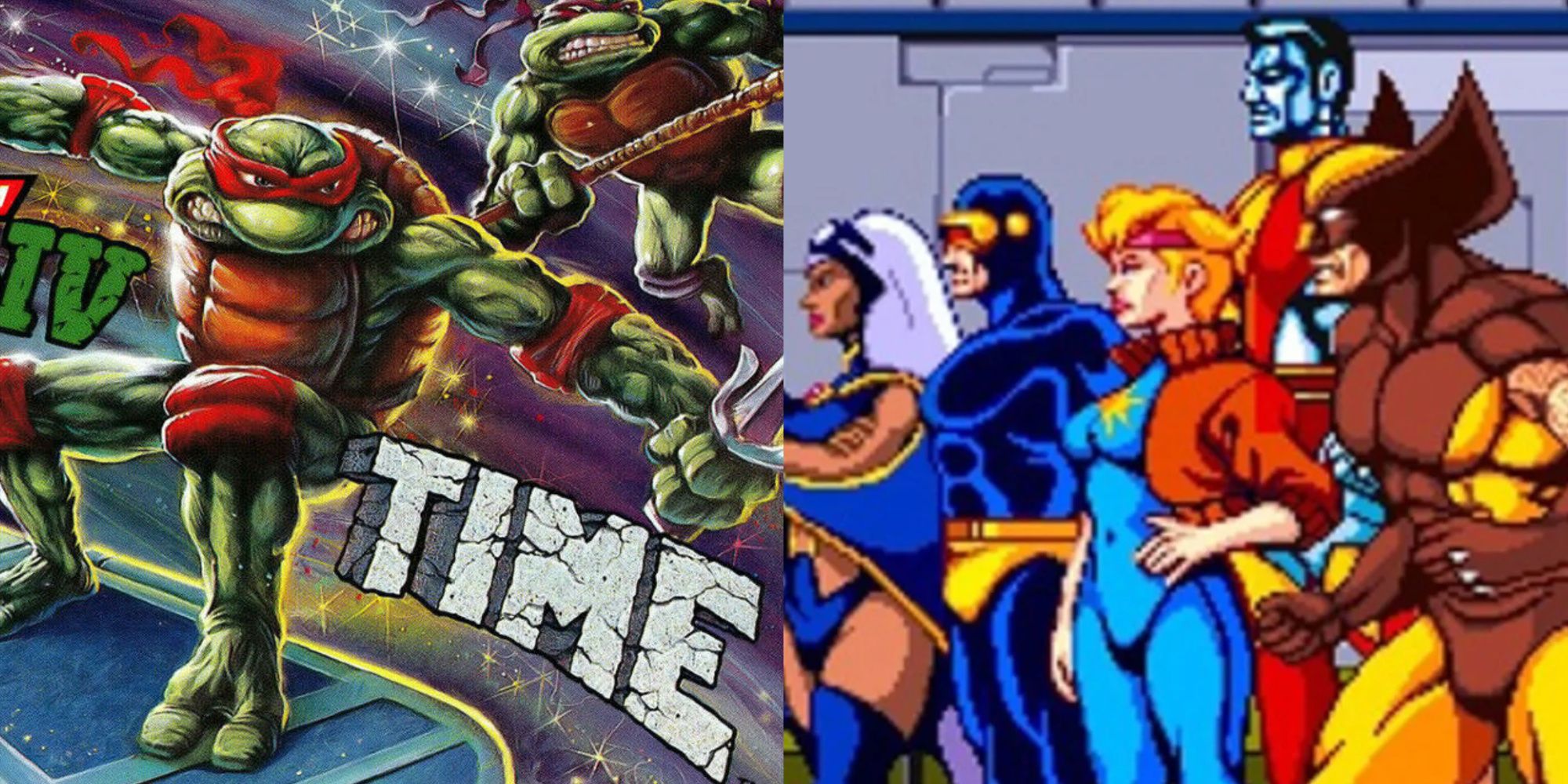 A split image of the promotional art of Teenage Mutant Ninja Turtles: Turtles In Time and a cinematic from the X-men Arcade game
