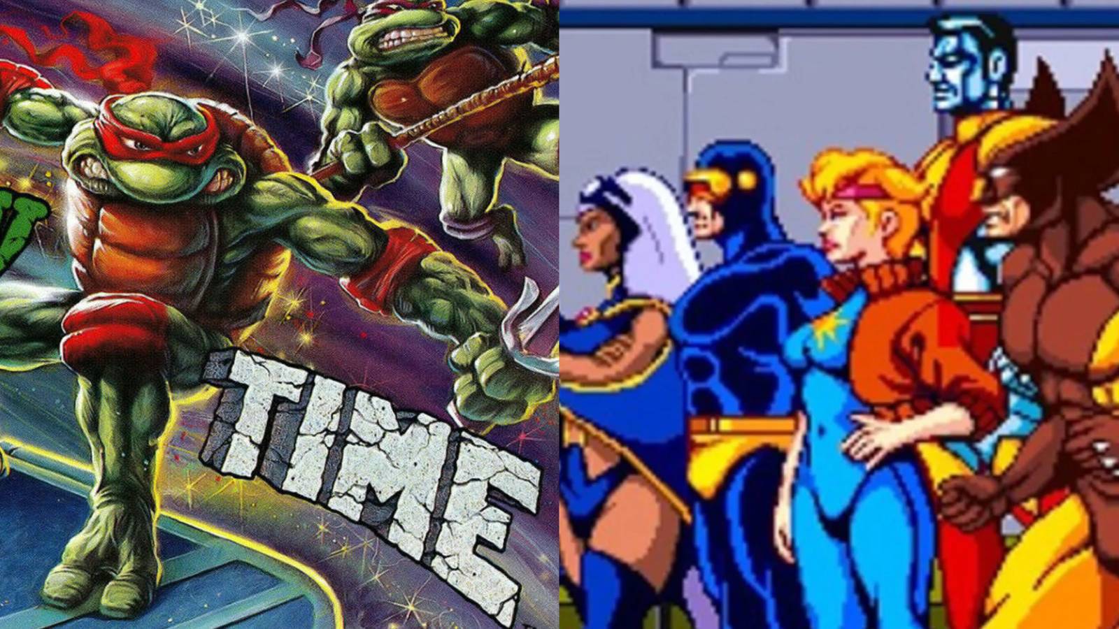A split image of the promotional art of Teenage Mutant Ninja Turtles: Turtles In Time and a cinematic from the X-men Arcade game