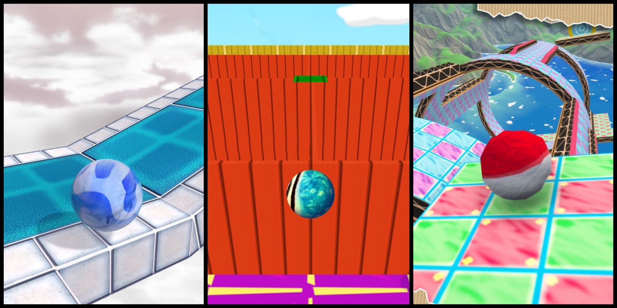 Screenshots from Marble Blast Ultra, Marble Blast Gold, and Paperball