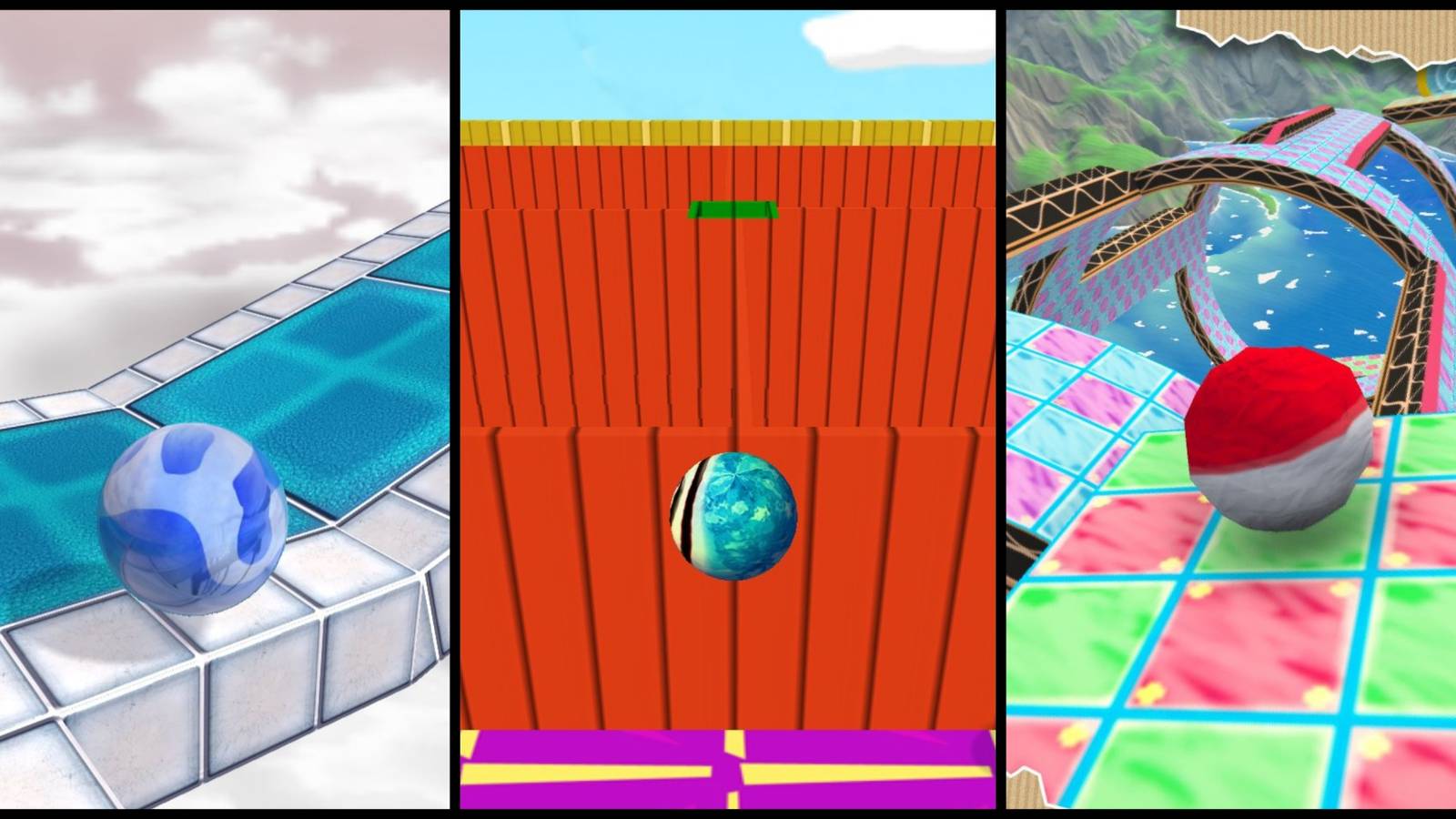 Screenshots from Marble Blast Ultra, Marble Blast Gold, and Paperball