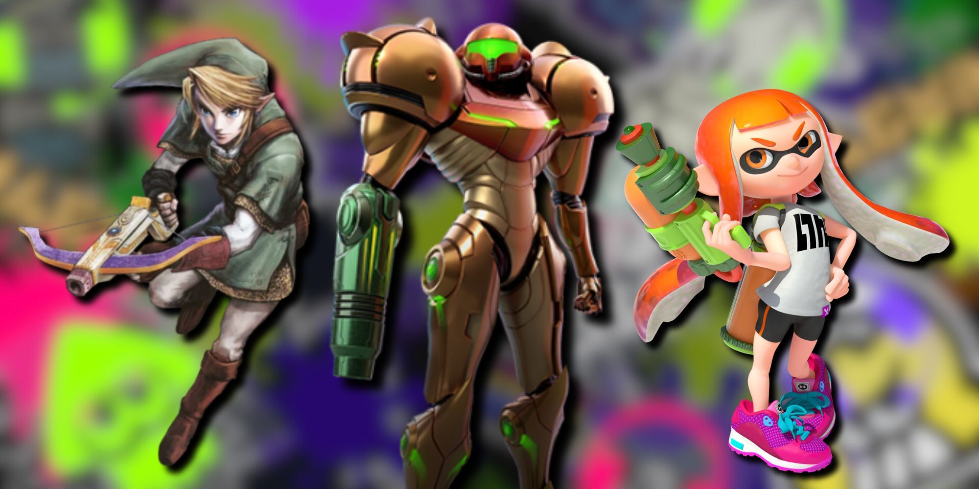 A collage of some of Nintendo's best shooter games: Link's Crossbow Training, Metroid Prime and Splatoon.