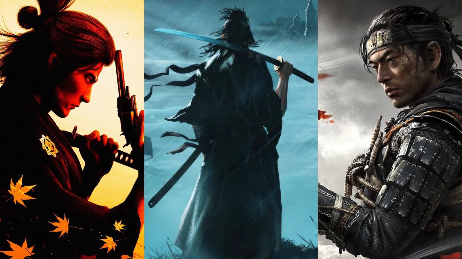 A split image of Sakamoto Ryoma from Like a Dragon Ishin!, the protagonist from Rise Of The Ronin, and Jin Sakai from Ghost of Tsushima