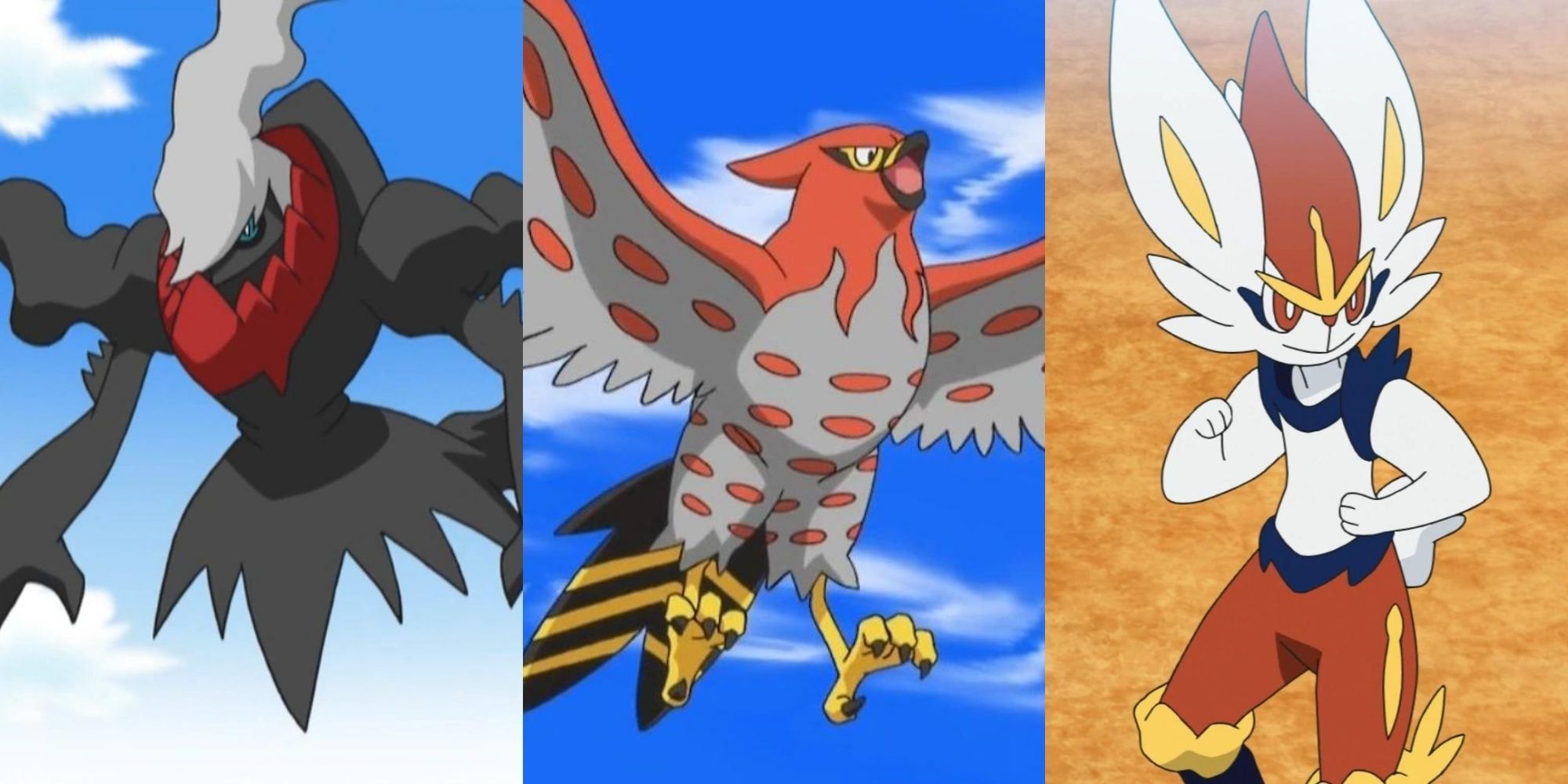 A collage of 3 Pokemon that were nerfed over the years: Darkrai, Talonflame and Cinderace.