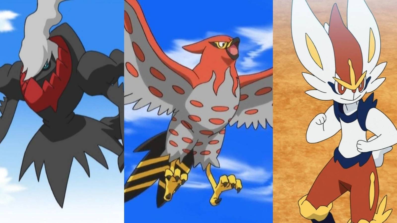 A collage of 3 Pokemon that were nerfed over the years: Darkrai, Talonflame and Cinderace.
