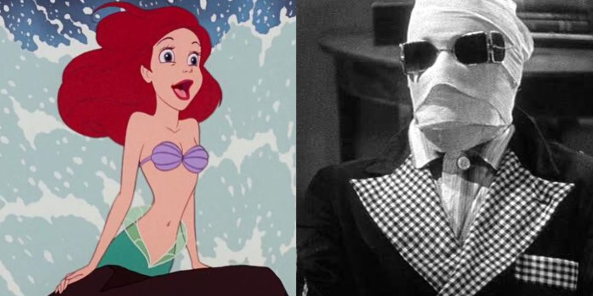 A split image with Ariel from the Little Mermaid and The Invisible Man