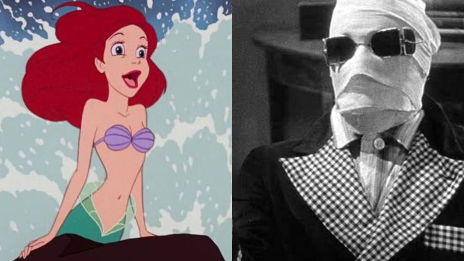 A split image with Ariel from the Little Mermaid and The Invisible Man