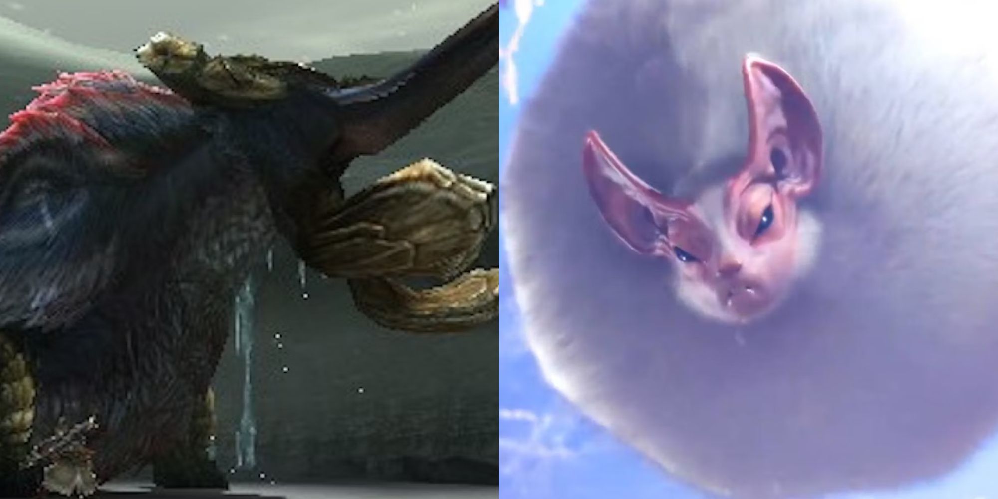 A split image of Gammoth and Paolumu from Monster Hunter