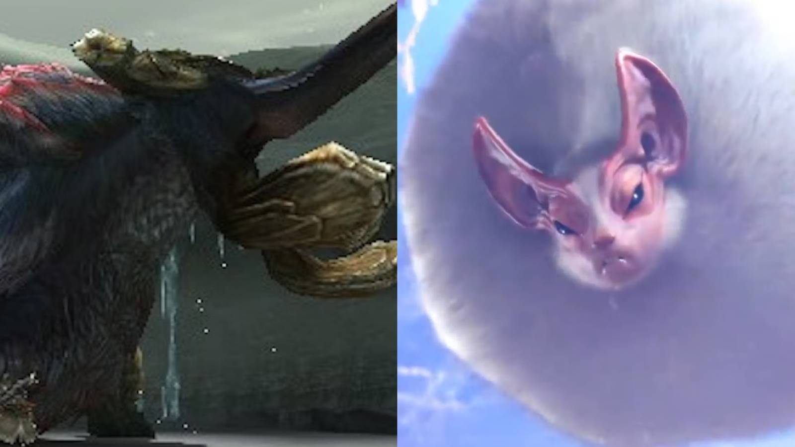 A split image of Gammoth and Paolumu from Monster Hunter