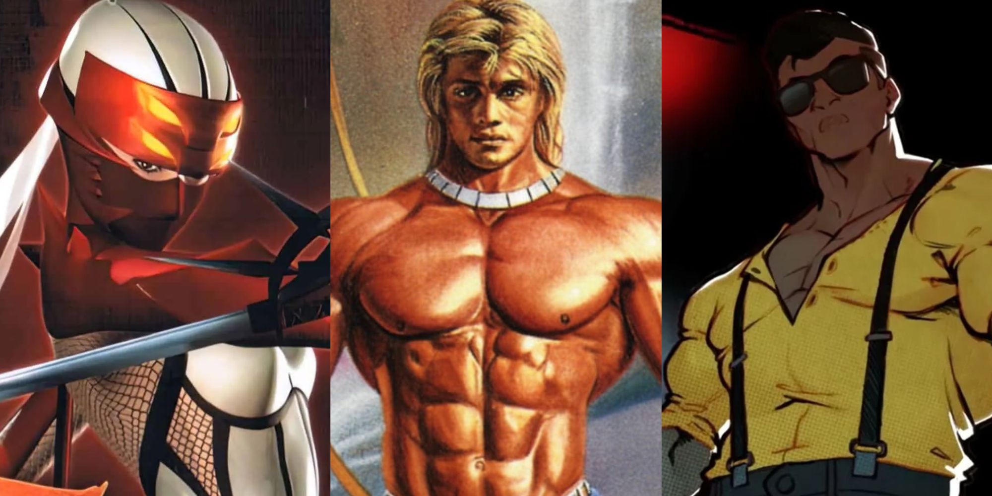 A split image of Hibana from Nightshade, Ax Battler from Golden Axe, and Adam hunter from Streets Of Rage