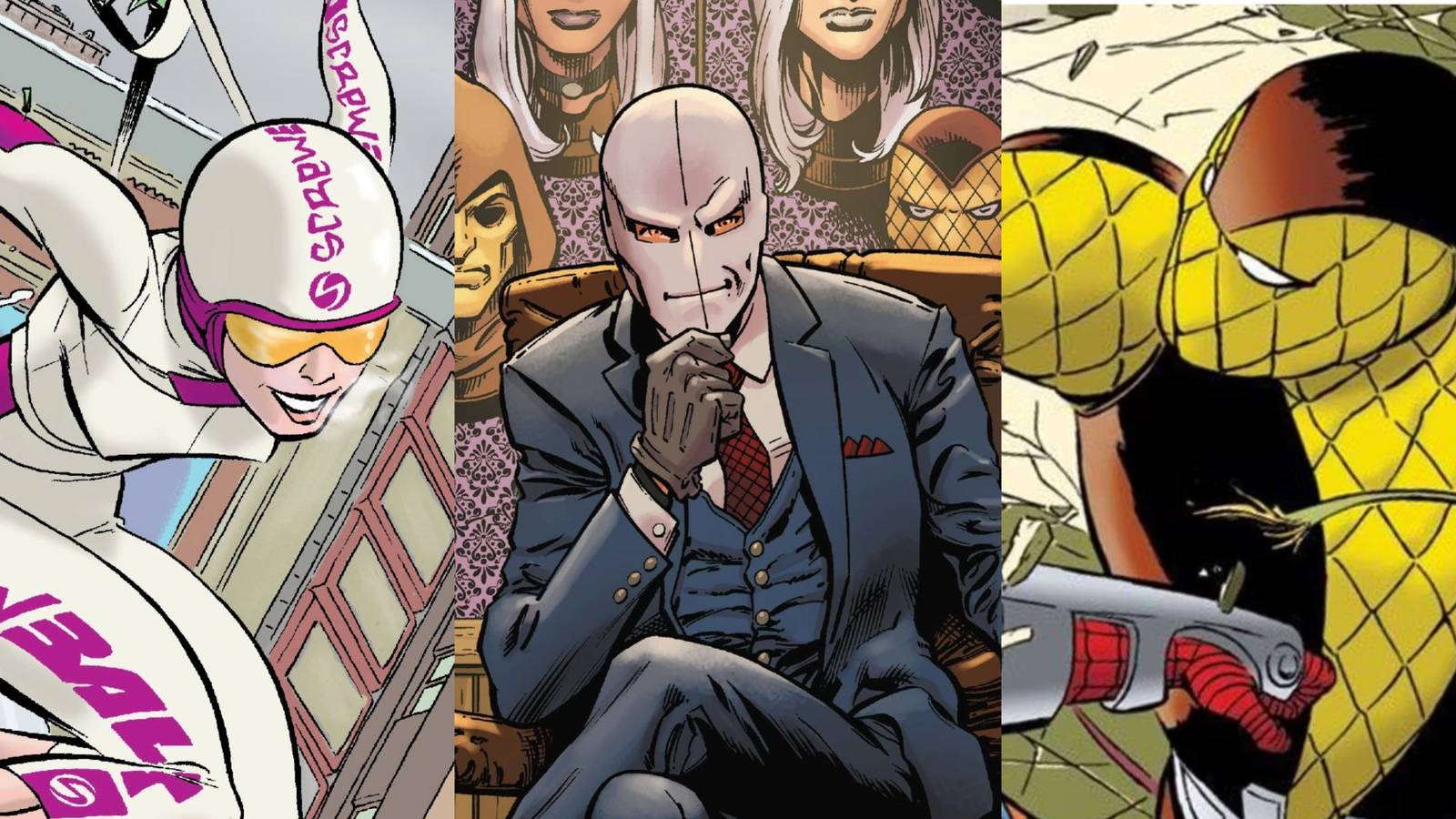 A split image with screwball, chameleon, and Shocker