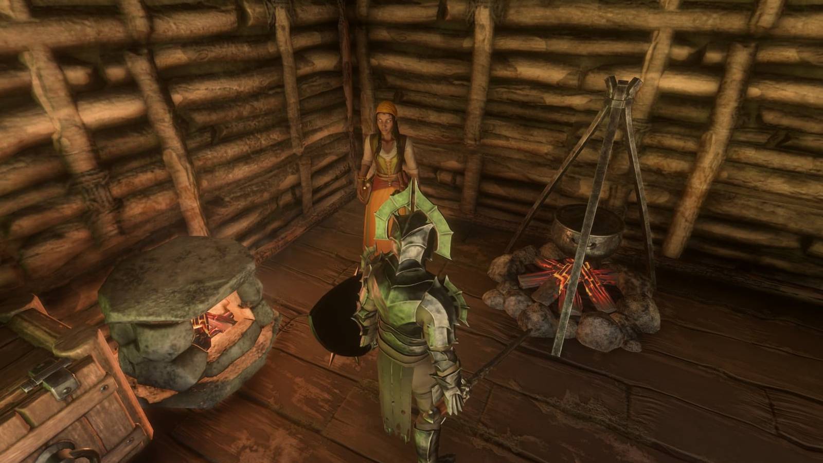 Enshrouded's Farmer NPC standing next to her dedicated fireplace