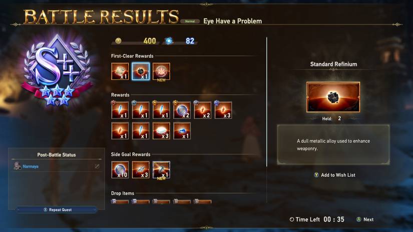 Guaranteed Standard Refinium drop in Granblue Fantasy Relink