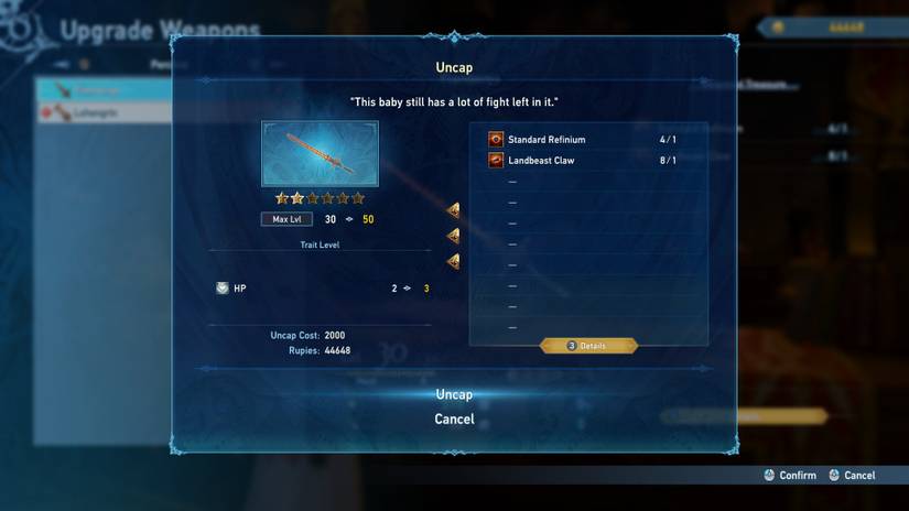 Uncapping a weapon's level in Granblue Fantasy Relink