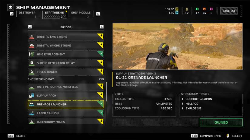 The Grenade Launcher support weapon in Helldivers 2