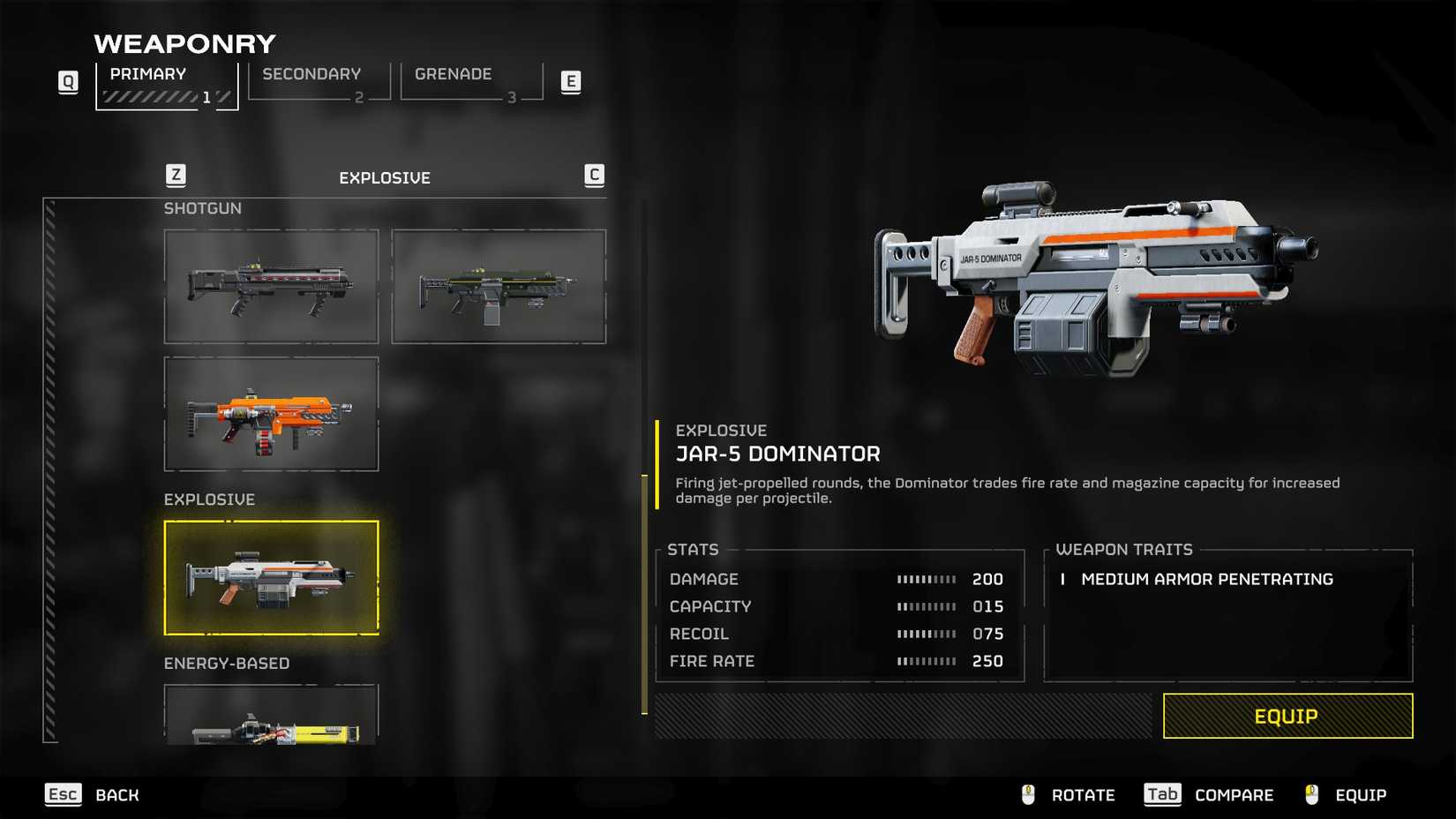 The JAR-5 Dominator in the Helldivers 2 equipment screen