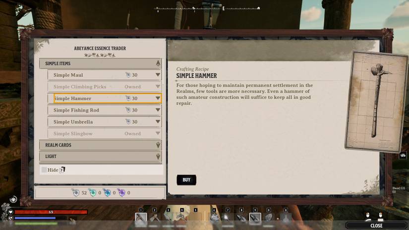 Purchasing the Simple Hammer recipe in Nightingale