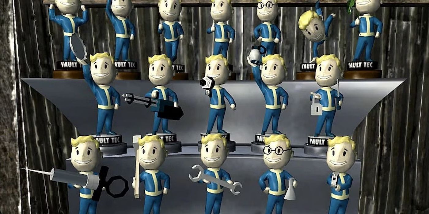 Shelves full of the various Fallout 76 bobble heads you can find