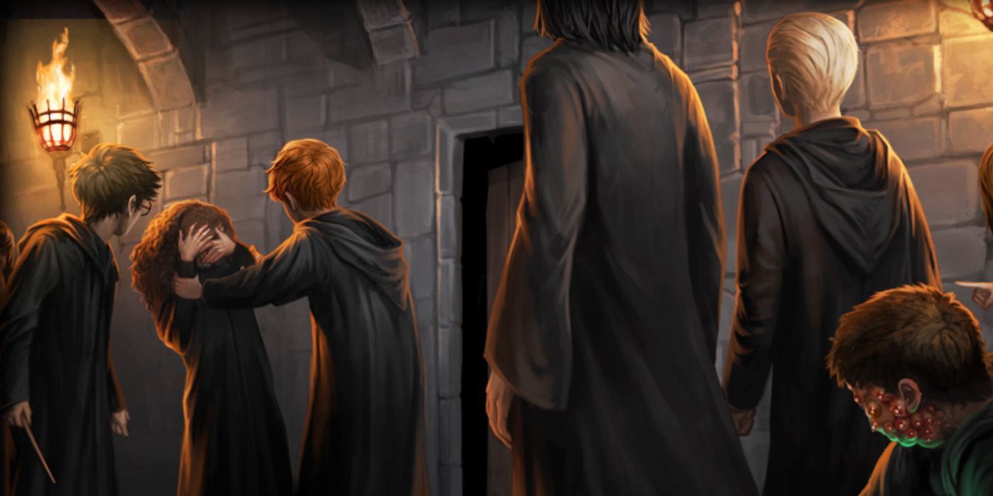 Hermione hit by a hex, with Harry, Ron, Snape and Malfoy