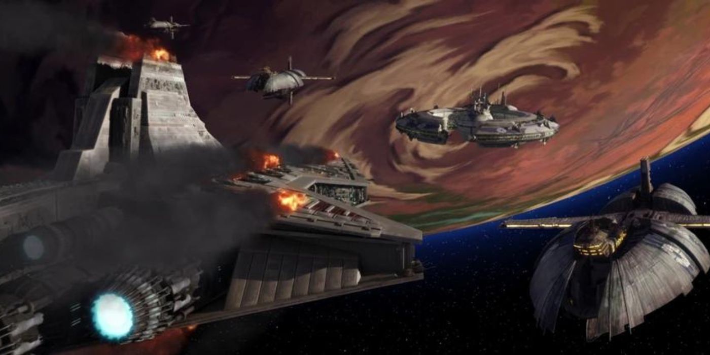 A Republic ship on fire and crashing into a blockade in space above the planet Ryloth