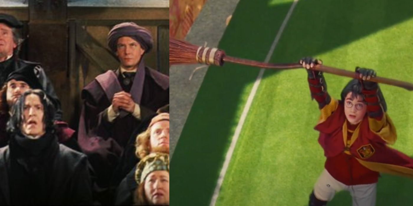 Professor Quirrell casting Hurling Hex at Harry Potter playing Quidditch