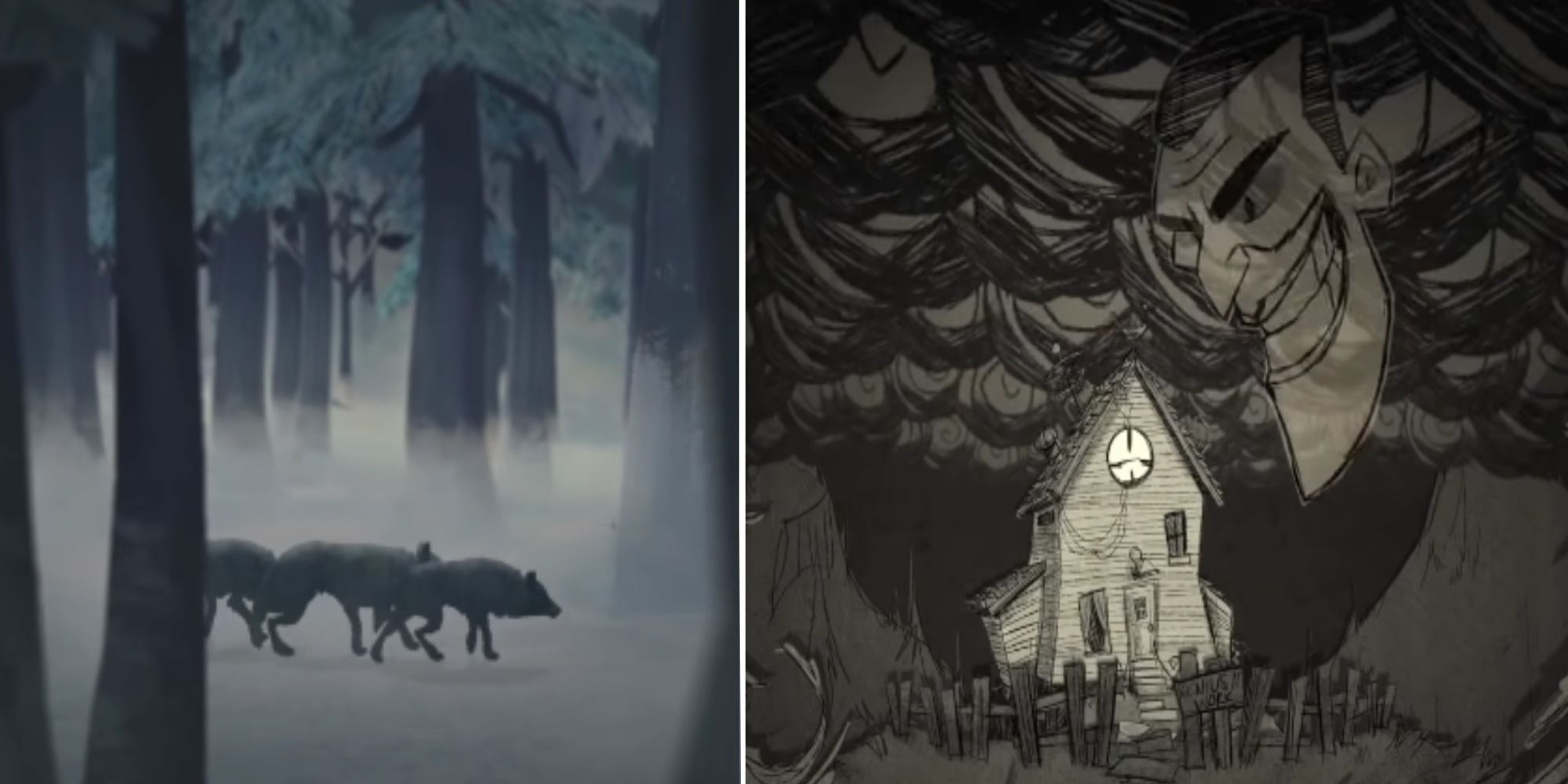 Split image wolves walk through forest in The Long Dark and Maxwell's image over building in Don't Starve cinematic