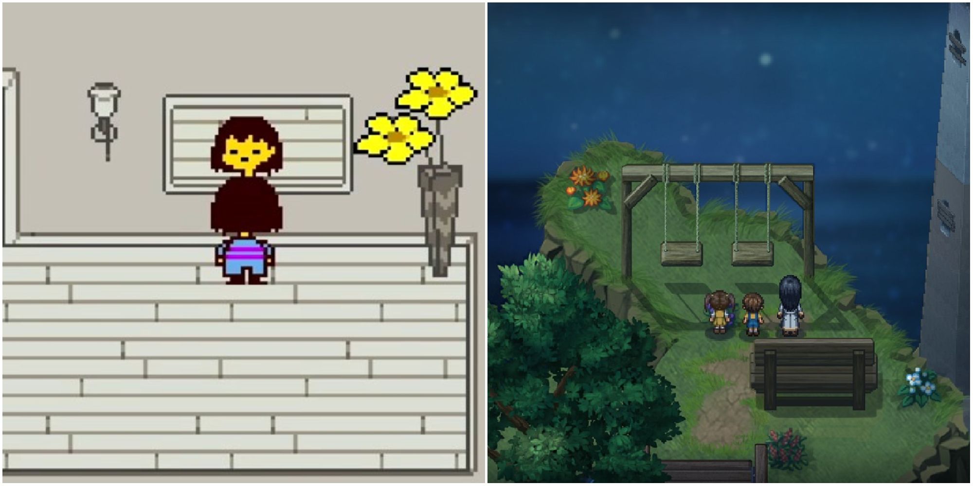 Frisk from Undertale look in the mirror beside three people from To the Moon stood next to a swing