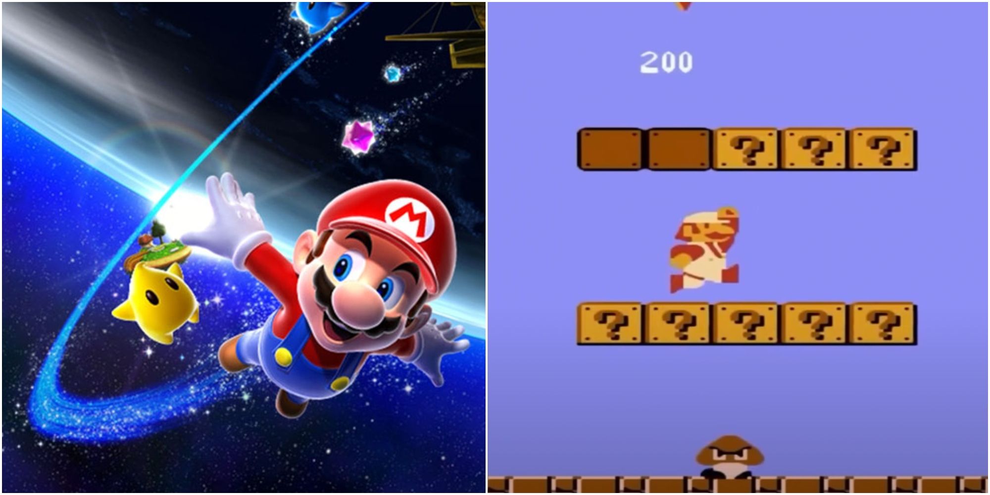 Mario flying through a galaxy beside original Mario punching a block