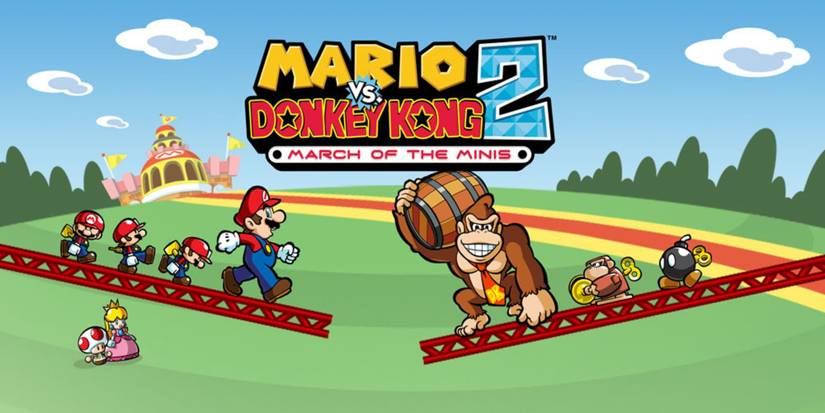 Mario and Donkey Kong on opposite platforms, Donkey Kong holding a barrel