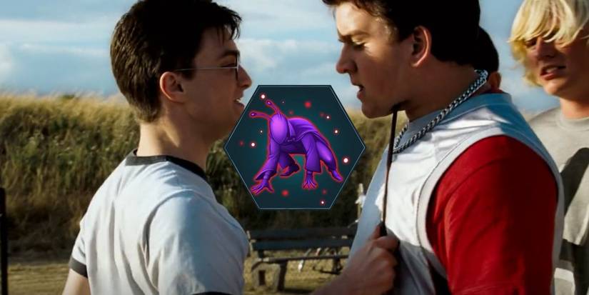 Harry Potter threatening Dudley Dursley with a wand