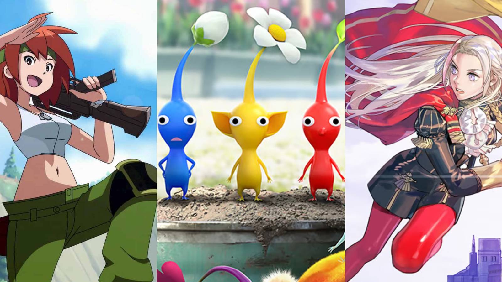 A split image with Sami from Advance Wars, the Blue, Yellow, and Red Pikmin, and Edelgard from Fire Emblem: Three Houses