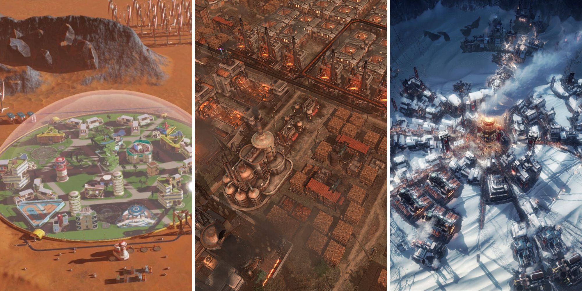A grid showing the survival city builder games Surviving Mars, New Cycle, and Frostpunk