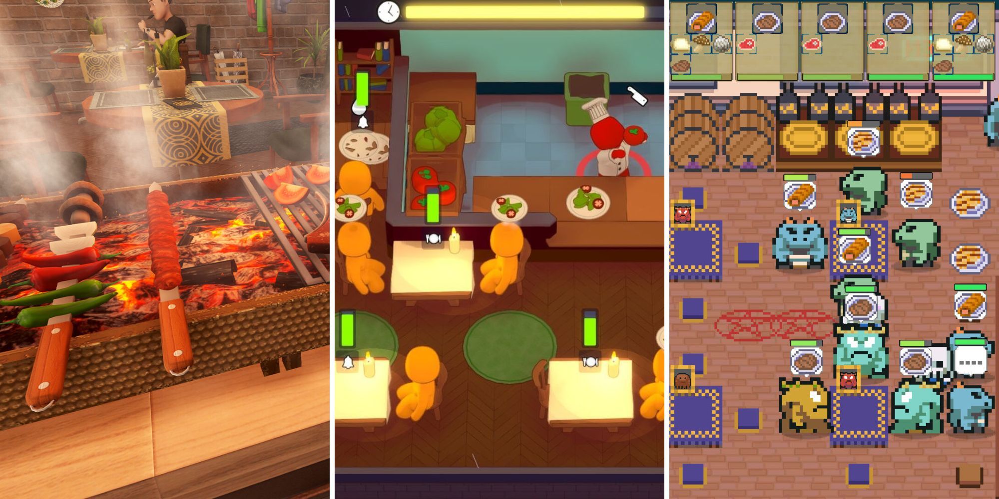 A grid showing the cooking co-op games Kebab Shop - Restaurant Simulator, PlateUp, and Bone's Cafe