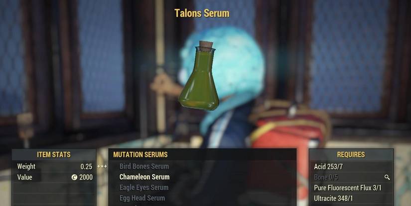 Fallout 76 Talos serum with a text overlay with all the information about the serum