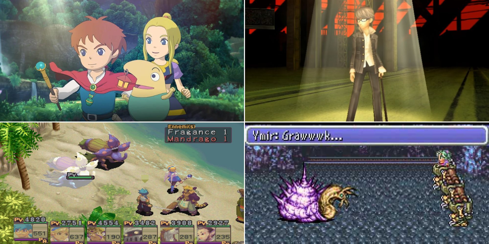 A collage of some JRPGs with graphics that aged well: Ni No Kuni, Persona 4, Breath of Fire 4 and Final Fantasy 6.