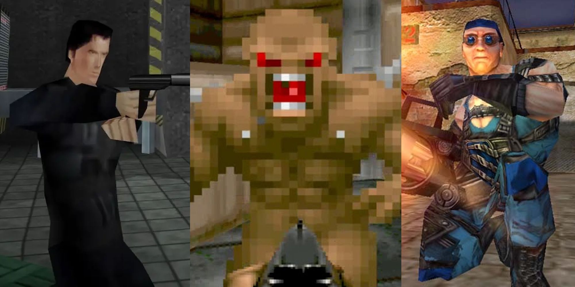 Split image James Bond in GoldenEye 007, a demon from Doom, and a turret user in Team Fortress