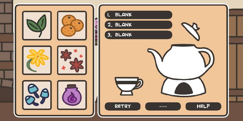 The tea brewing menu, with a pot on the right, and ingredients on the left.