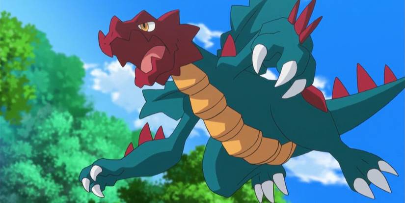 A wild Druddigon attacking other Pokemon.