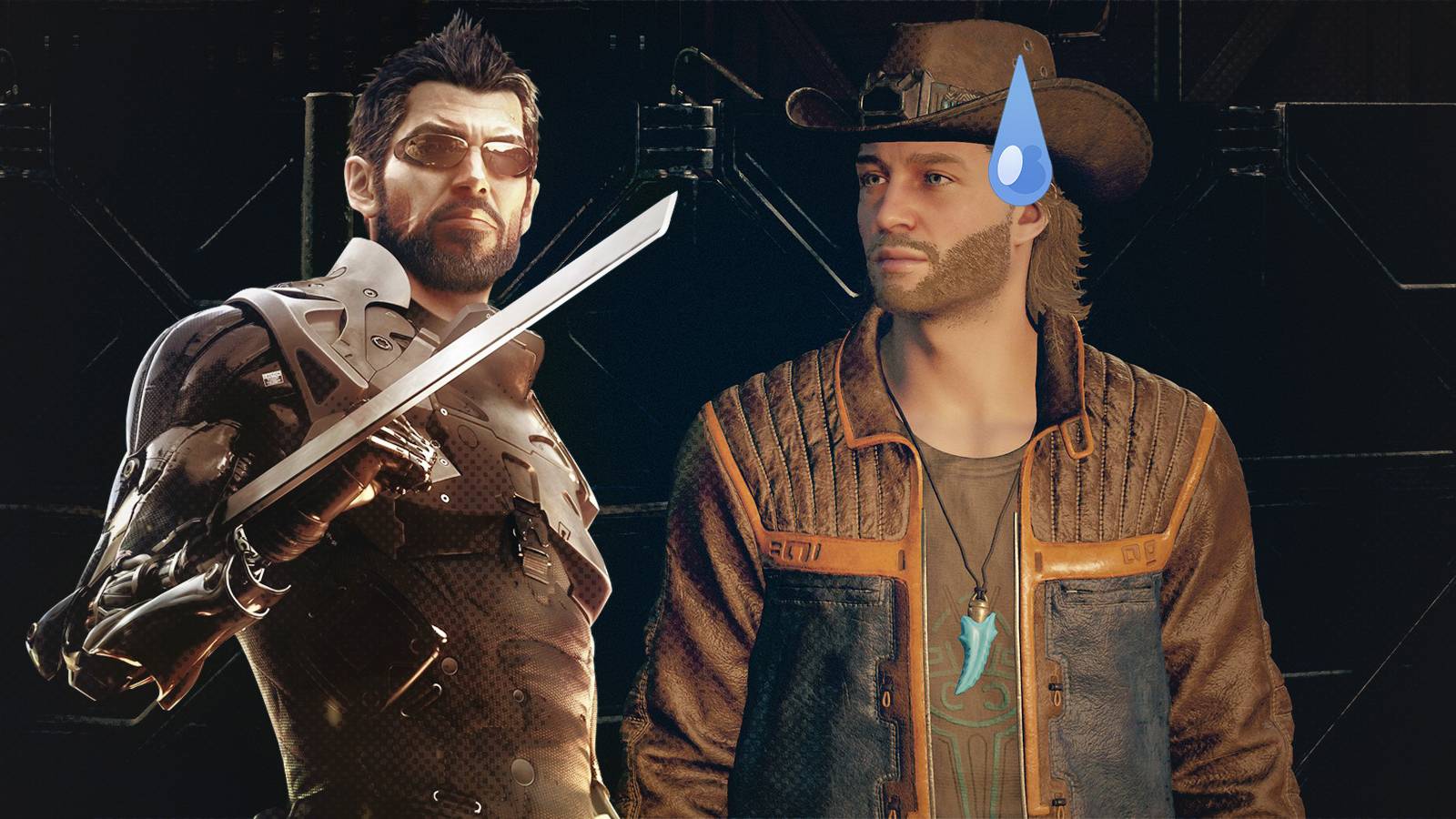 Adam Jensen next to nervous-looking Sam Coe composite