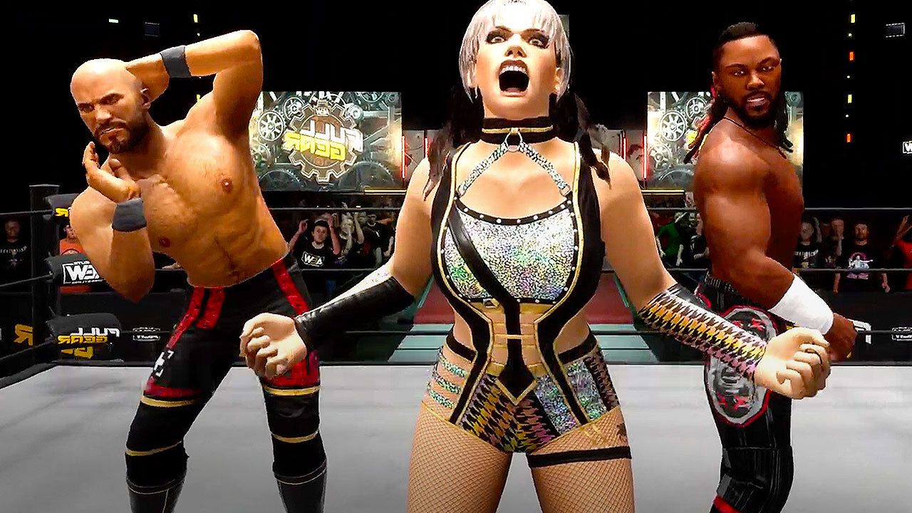 A screenshot of Claudio Castagnoli, Jamie Hayter, and Swerve Strickland in AEW: Fight Forever.