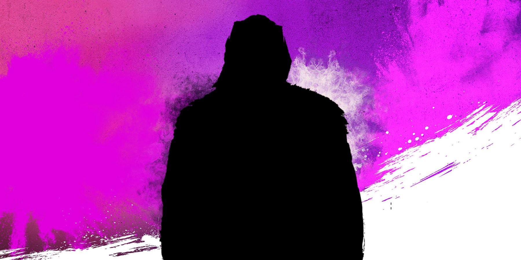 A silhouette of new AEW: Fight Forever DLC character Swerve Strickland set against a purple and white background.