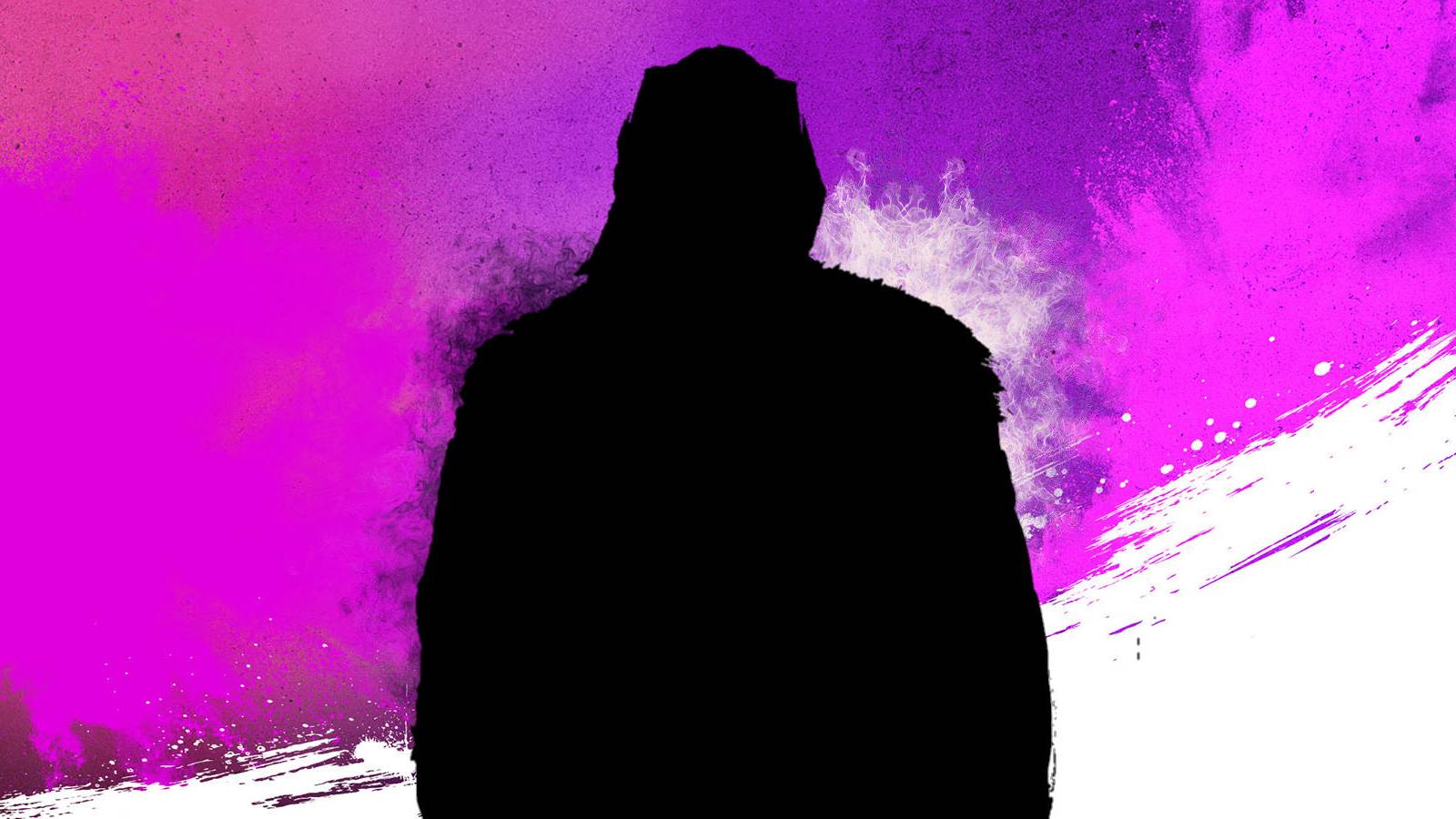 A silhouette of new AEW: Fight Forever DLC character Swerve Strickland set against a purple and white background.