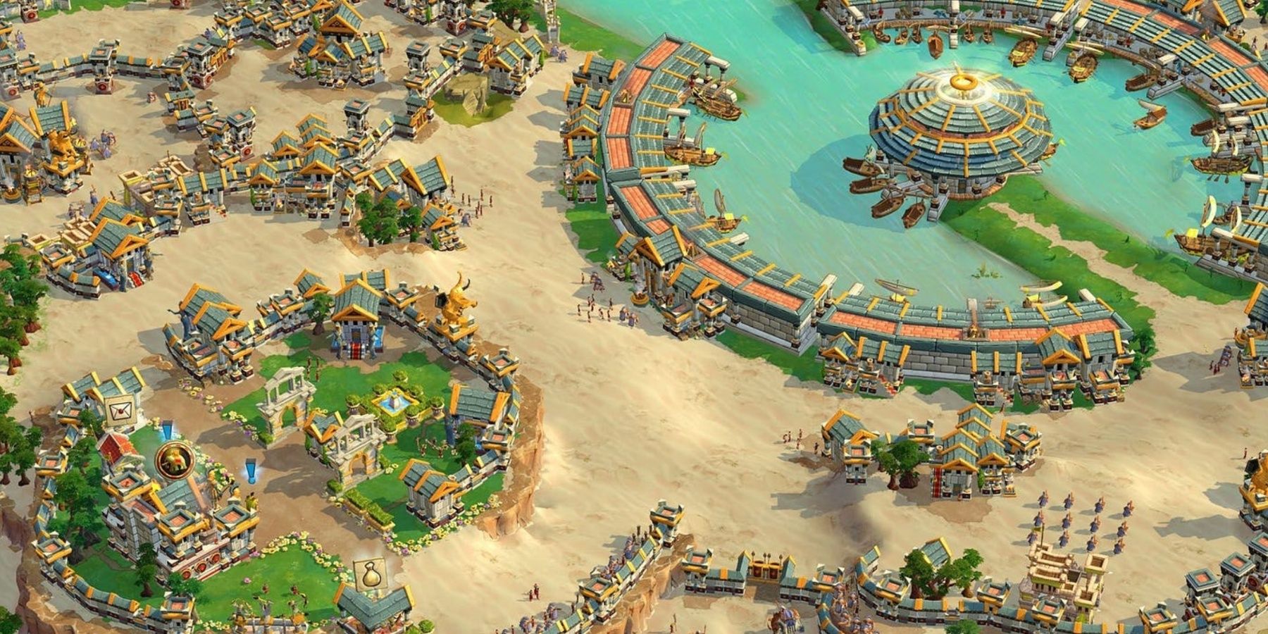 A city in Age Of Mythology with blue water in the center as the people go about their days