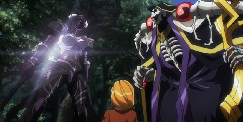 Ainz and Albedo standing over a human in Overlord